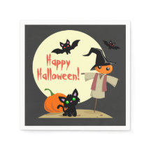 Cute Scarecrow & Kitty Halloween Paper Napkins