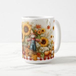 Cute Scarecrow with Pumpkins and Flowers Coffee Mug