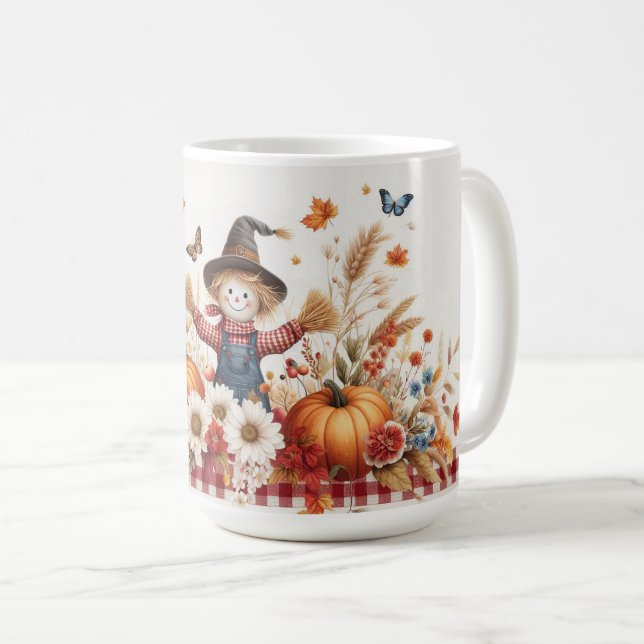 Cute Scarecrow with Pumpkins and wildflowers Coffee Mug (Front Right)