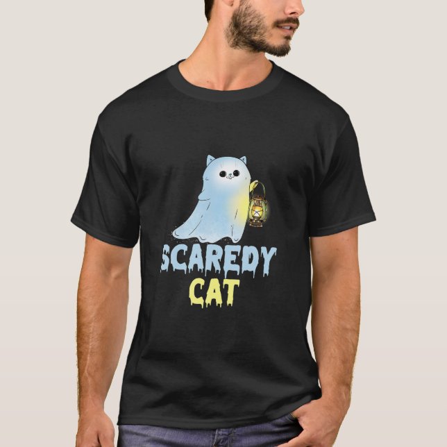 Cute Scaredy Cat Cat Ghost With Lantern Spook Phan T-Shirt (Front)