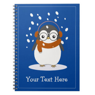 Cute Scarf Penguin with Glasses on Ice Custom Text Notebook