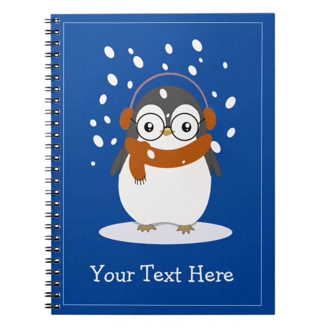 Cute Scarf Penguin with Glasses on Ice Custom Text Notebook (Front)