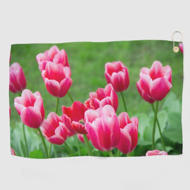 Cute scarlet tulips in the garden golf towel (Horizontal)