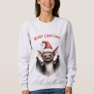 Cute Scary Bat Santa Hat Red Poinsettia Christmas Sweatshirt