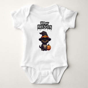 Cute Scary Black Cat With Pumpkin Jack O Lantern Baby Bodysuit