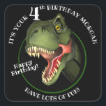 Cute Scary Dinosaur Square Sticker<br><div class="desc">Is this scary Tyrannosaurus isn't looking for supper,  he really is trying hard to be
friendly,  and wants to wish a special child a very HAPPY BIRTHDAY!
Customise the child's name and age.</div>