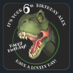Cute Scary Dinosaur Square Sticker<br><div class="desc">Is this scary Tyrannosaurus isn't looking for supper, he really is trying hard to be
friendly, and wants to wish a special child a very HAPPY BIRTHDAY!
Customise the child's name and age.</div>