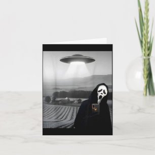 Cute scary face horror ghost selfie with alien ufo card