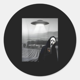 Cute scary face horror ghost selfie with alien ufo classic round sticker