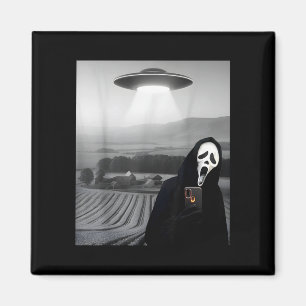 Cute scary face horror ghost selfie with alien ufo magnet