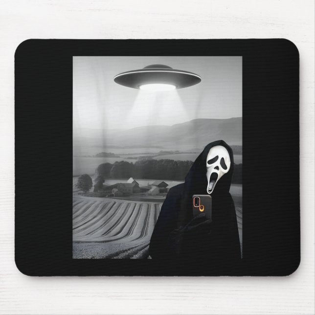 Cute scary face horror ghost selfie with alien ufo mouse mat (Front)