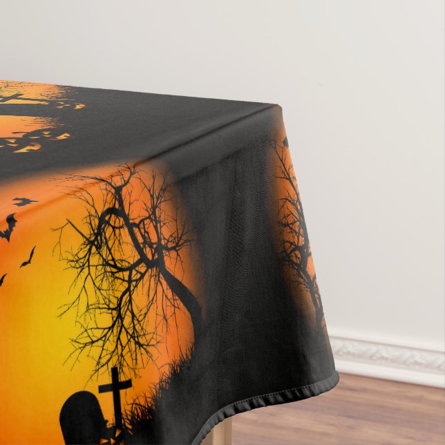 Cute Scary Happy Halloween Graveyard Black Orange Tablecloth (In Situ)