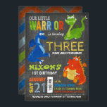 Cute Scary Little Dragons Birthday Invitation<br><div class="desc">Cute and scary little dragons on chalkboard background with colourful grunge chevron print back design birthday invitation card.</div>