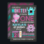Cute Scary Little Monsters Birthday Invitation<br><div class="desc">Cute and scary little monsters on chalkboard background with colourful grunge chevron print back design birthday invitation card.</div>
