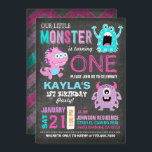 Cute Scary Little Monsters Birthday Invitation<br><div class="desc">Cute and scary little monsters on chalkboard background with colourful grunge chevron print back design birthday invitation card.</div>