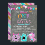 Cute Scary Little Monsters Birthday Invitation<br><div class="desc">Cute and scary little monsters on chalkboard background with colourful grunge stripe back design birthday invitation card.</div>