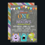 Cute Scary Little Monsters Birthday Invitation<br><div class="desc">Cute and scary little monsters on chalkboard background with colourful grunge stripe back design birthday invitation card.</div>