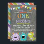 Cute Scary Little Monsters Birthday Invitation<br><div class="desc">Cute and scary little monsters on chalkboard background with colourful grunge stripe back design birthday invitation card.</div>