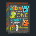 Cute Scary Little Monsters Birthday Invitation<br><div class="desc">Cute and scary little monsters on chalkboard background with colourful grunge chevron print back design birthday invitation card.</div>