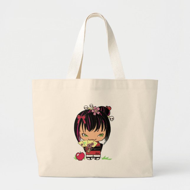 Cute Scary Miao - gothic kokeshi doll Large Tote Bag (Front)