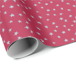 Cute Scattered Blue Star Doodles on Red Wrapping Paper