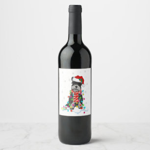 Cute Schnauzer Christmas Lights With Santa Hat Wine Label