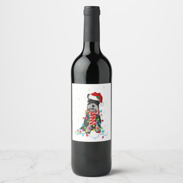 Cute Schnauzer Christmas Lights With Santa Hat Wine Label (Front)