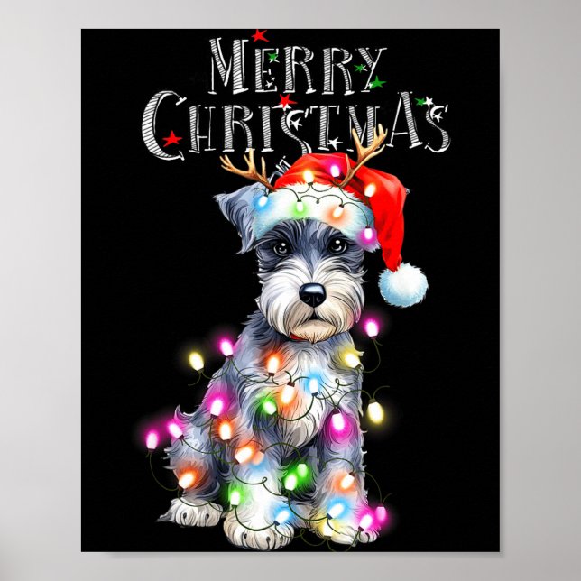 Cute Schnauzer Christmas Lights Xmas Dog Santa Hat Poster (Front)