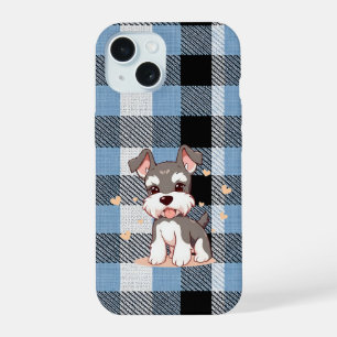 Cute Schnauzer Dog Blue Plaid iPhone 15 Case
