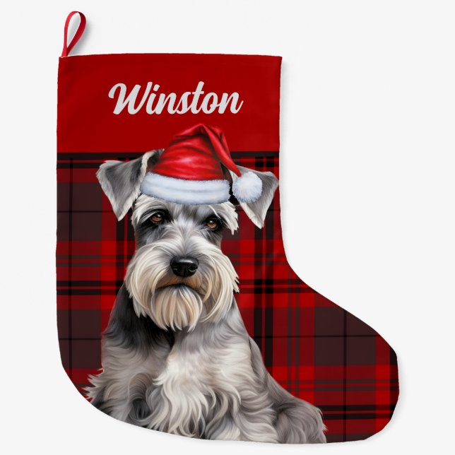 Cute Schnauzer Dog Holiday Plaid Personalized Large Christmas Stocking (Front)