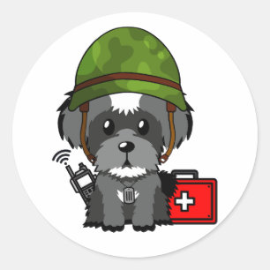 Cute Schnauzer Dog Wearing army helmet Classic Round Sticker
