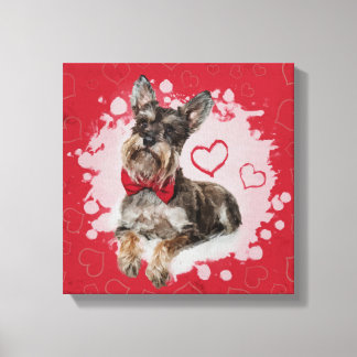 Cute Schnauzer on Hearts Pattern Canvas Print