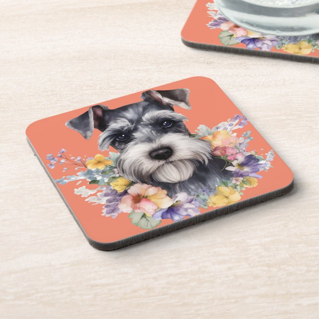 Cute Schnauzer Portrait with Flowers  Coaster (Left Side)