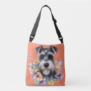 Cute Schnauzer Portrait with Flowers Crossbody Bag