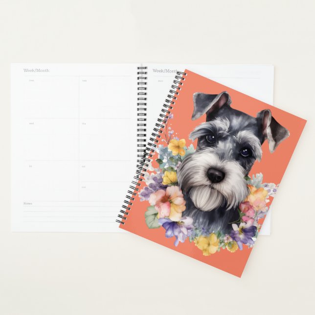 Cute Schnauzer Portrait with Flowers  Planner (Display)
