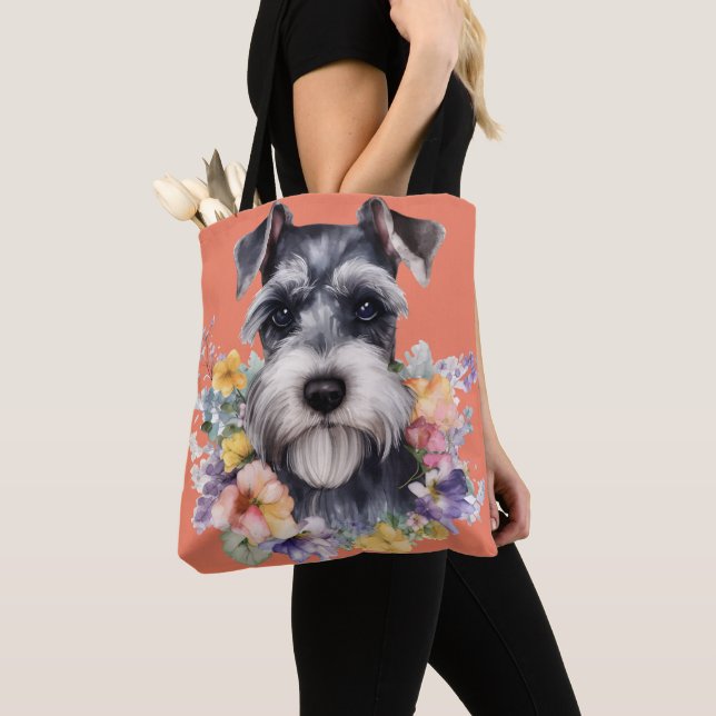 Cute Schnauzer Portrait with Flowers Tote Bag (Close Up)