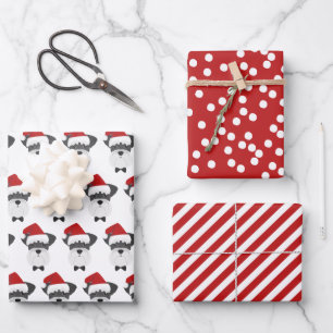 Cute Schnauzer & Red Striped Christmas  Wrapping Paper Sheet