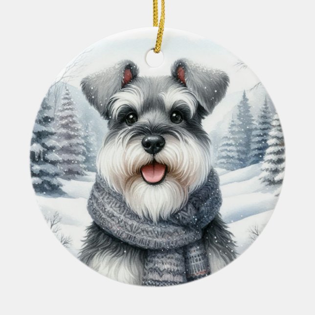 Cute Schnauzer Winter Wonderland Christmas Ceramic Tree Decoration (Front)
