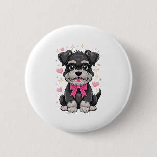 Cute Schnauzer With Pink Bow Surrounded by Hearts 6 Cm Round Badge