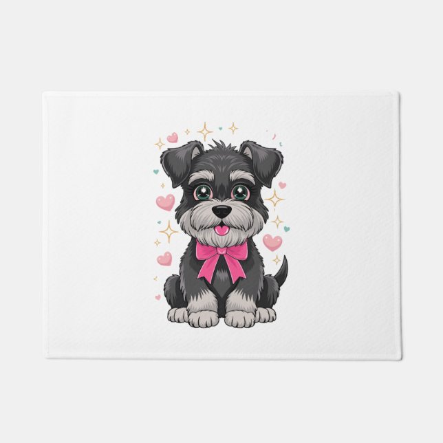 Cute Schnauzer With Pink Bow Surrounded by Hearts Doormat (Front)