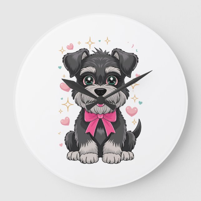 Cute Schnauzer With Pink Bow Surrounded by Hearts Large Clock (Front)