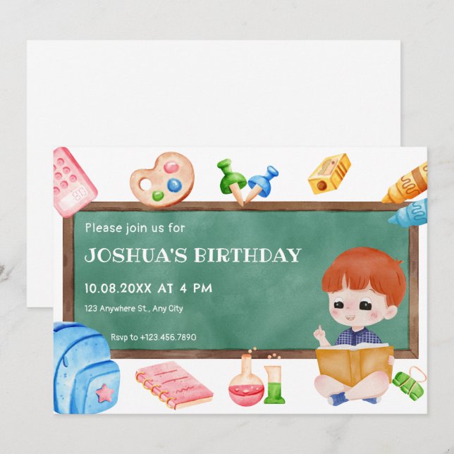 Cute school boy chalkboard birthday invitation (Front/Back)