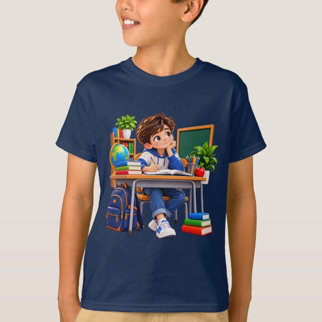 Cute School Boy Learning T-Shirt (Front)