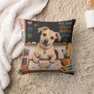 Cute School Dog Painting Watercolor Illustration Cushion
