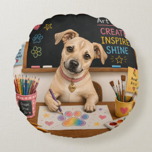 Cute School Dog Painting Watercolor Illustration Round Cushion