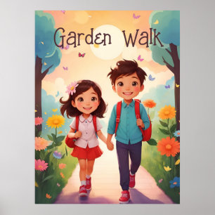 Cute School Kids in Garden Illustration AI Art  Poster