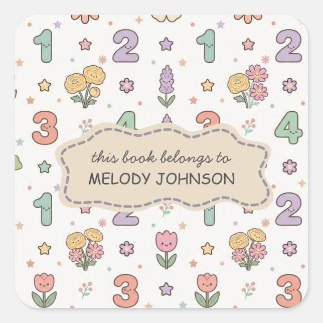 Cute School Numbers Pattern Name Bookplate Square Sticker (Front)