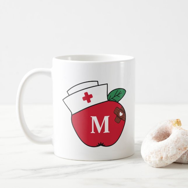 Cute School Nurse Apple Monogram Brown Plasters Coffee Mug (With Donut)
