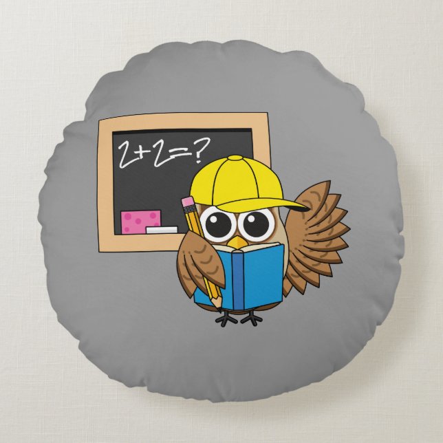 Cute School Student Owl Cartoon Round Cushion (Front)