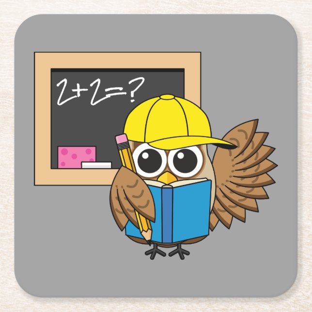 Cute School Student Owl Cartoon Square Paper Coaster (Front)